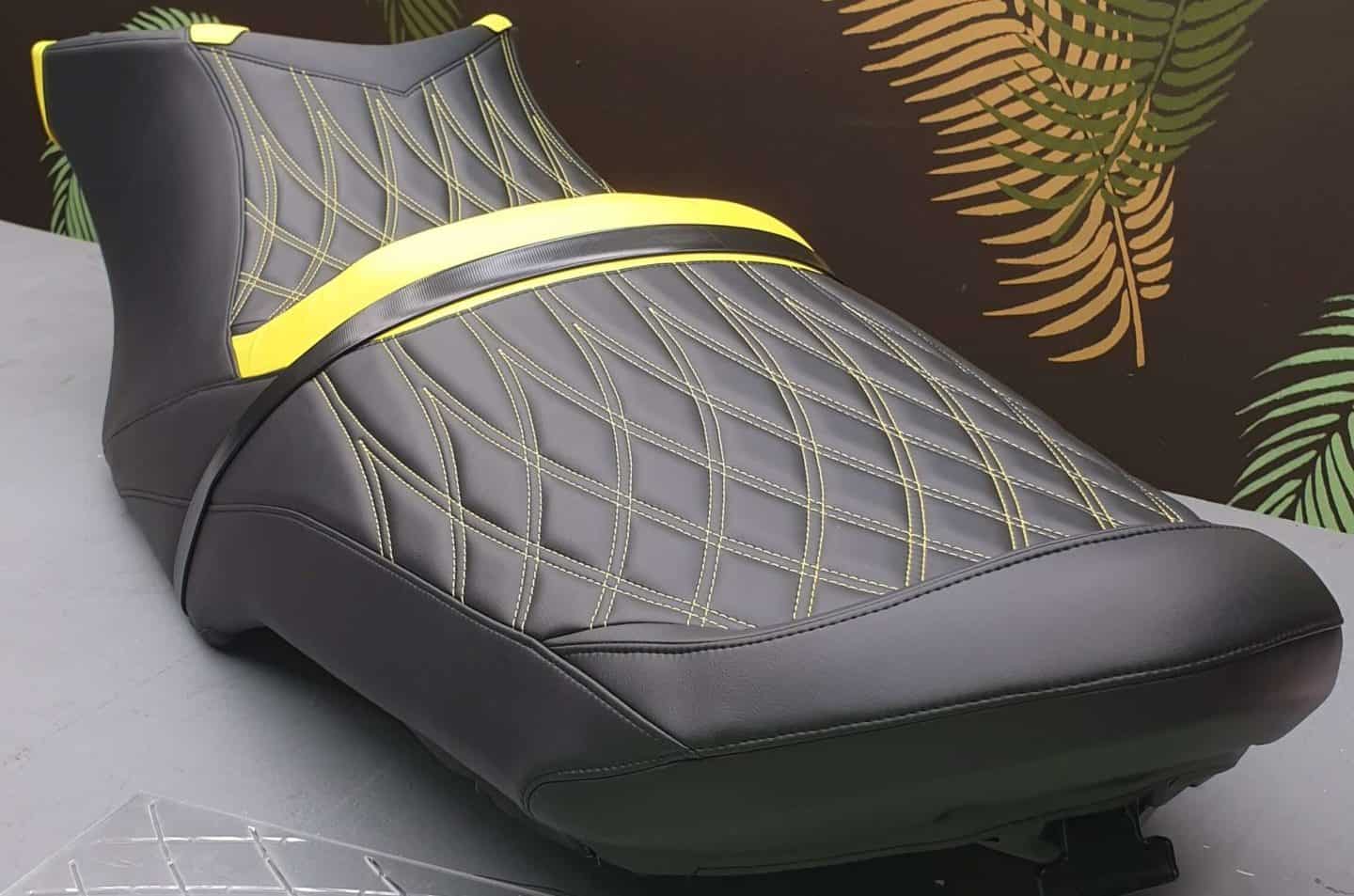 Jet ski seat upholstery in black and yellow